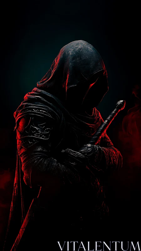 Hooded nightblade brooding in crimson shadowlight silence.