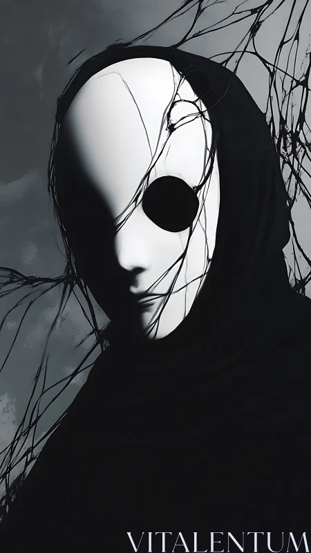 Monochrome spectral mask portrait with abstract tendrils design.