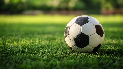 Weathered black and white soccer ball on green grass field.