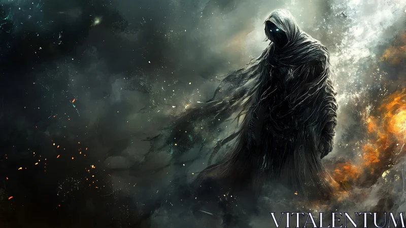 Hooded wraith strides through burning cosmic stormscape.
