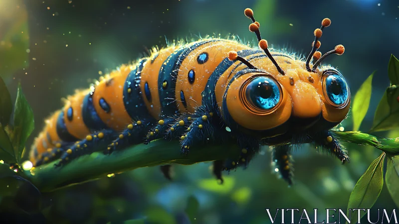 Whimsical macro caterpillar with luminous blue eyes on leaf.