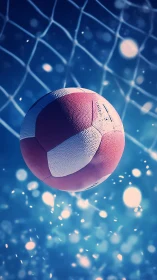 Sunny volleyball shot drifting into a dreamy blue netted sky.