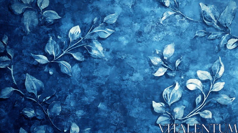 Blue textured background shows stylized white leafy branches