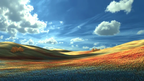 Radiant gradient hills under dynamic volumetric cloudscape.