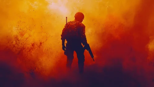 Soldier silhouette stands in dense orange battlefield smoke
