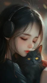 Quiet headphone moments shared with a gentle black cat.
