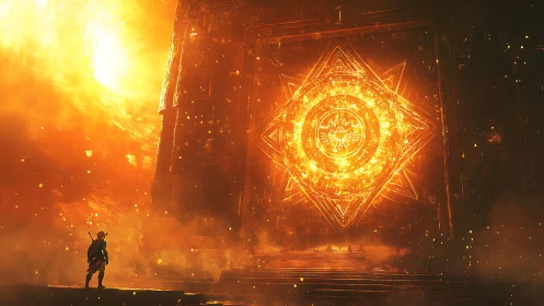 Lone explorer before colossal glowing arcane portal monument.