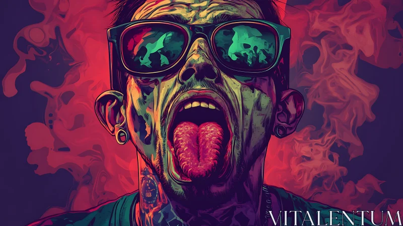 Neon rebel portrait with wild tongue and smoky dream glow.