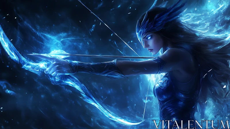 Celestial ice archer drawing a glowing spectral bowstring.