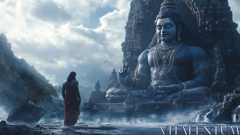 Colossal Shiva sculpture dominates misty canyon shrine.