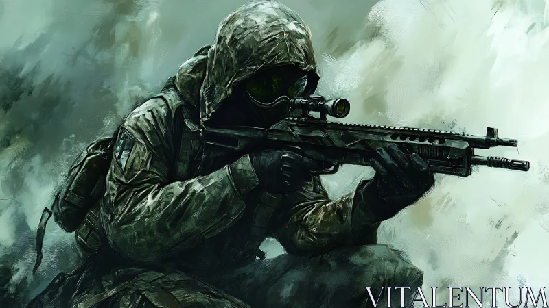 Camouflaged sniper aiming rifle in a smoky battlefield.