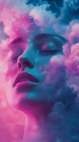 Dreamy neon portrait drifting through soft pink clouds.