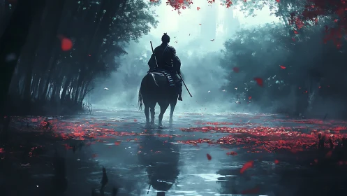 Lone samurai on horseback crossing misty red forest stream.