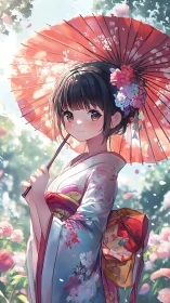 Springtime kimono stroll under a blossom-bright parasol.