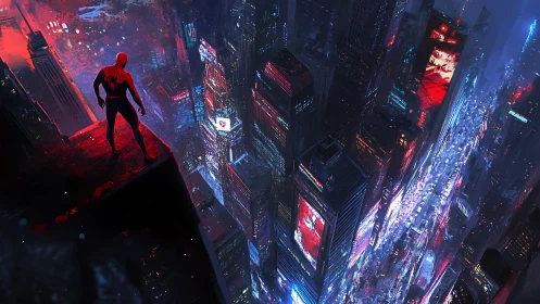 Masked hero overlooking neon city from high rooftop edge.