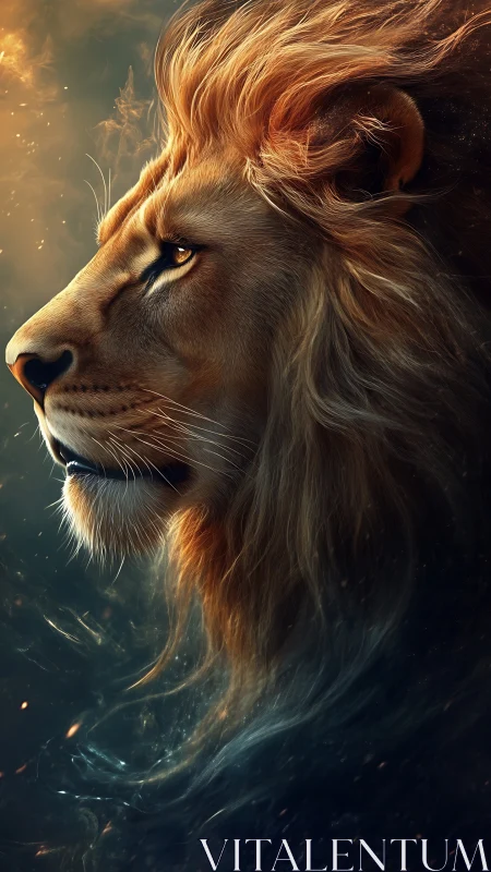 Regal lion profile rendered in dramatic digital chiaroscuro