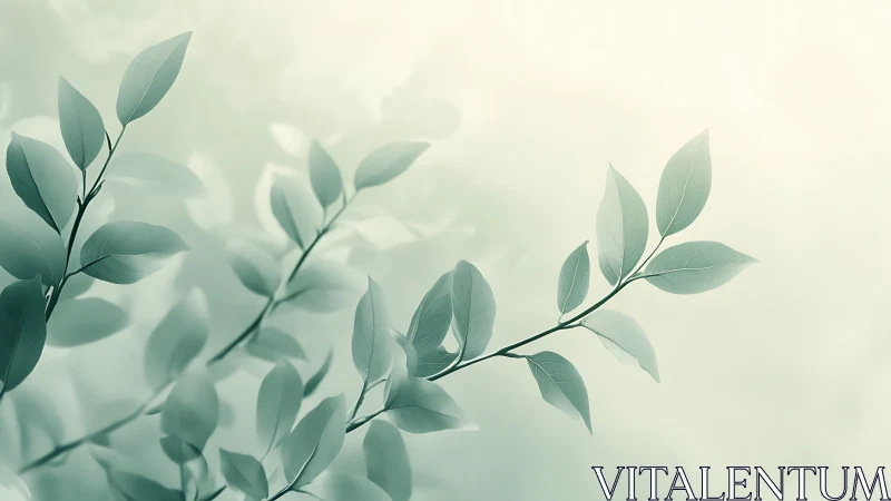Minimalist botanical branch with soft green leaves in gentle light.