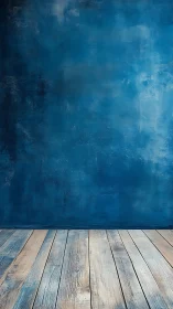 Weathered wood floor against textured cobalt studio wall.