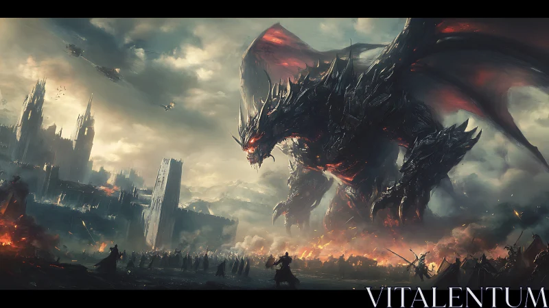 Colossal dragon towering over burning war-torn cityscape.