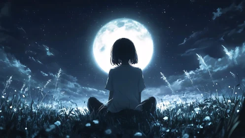 Silhouetted figure sits in grass before large full moon