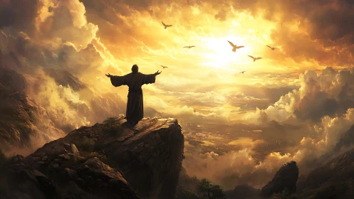 Cloaked figure on sunlit mountain ledge under radiant sky