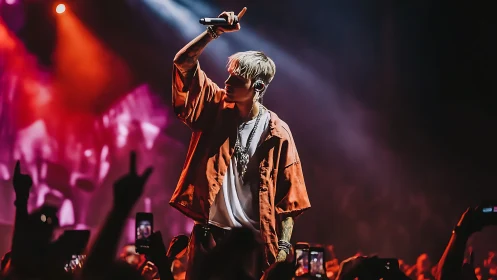 Male vocalist performing on stage under concert lighting.