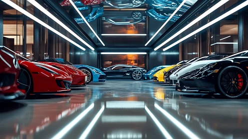 3D hyperreal supercar gallery in symmetrical tunnel lighting.