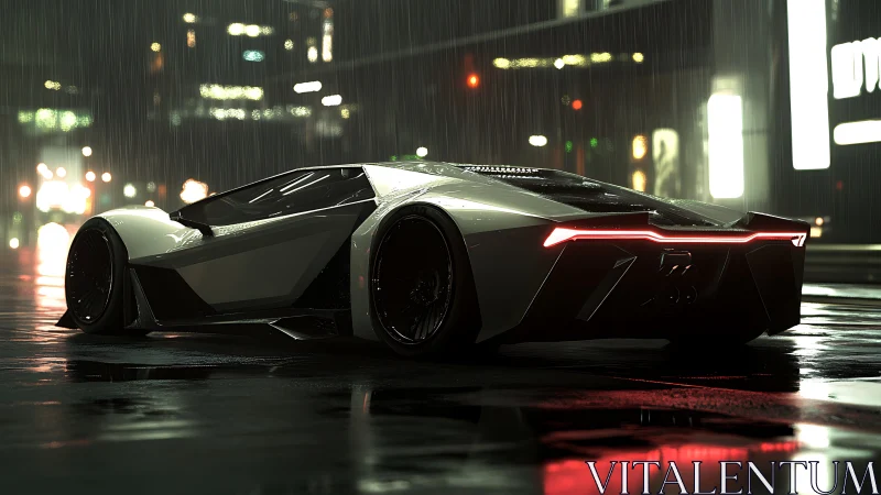 Futuristic supercar under neon rain in moody night city.