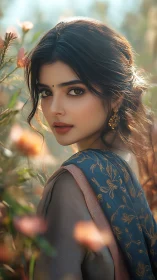 Soft sunlight on elegant woman in embroidered blue scarf.