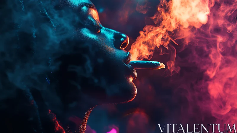Neon smoke swirls around contemplative profile in darkness
