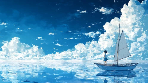 Girl on small sailboat under vast bright blue sky.