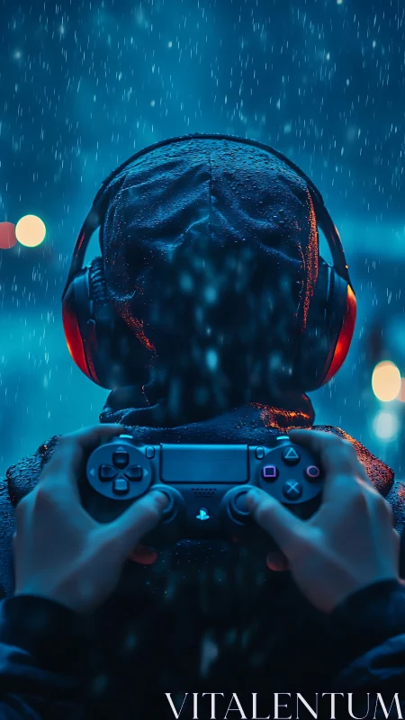 Hooded gamer with controller under neon rain backlighting.