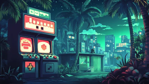 Retro arcade machines glow in a neon tropical city night.