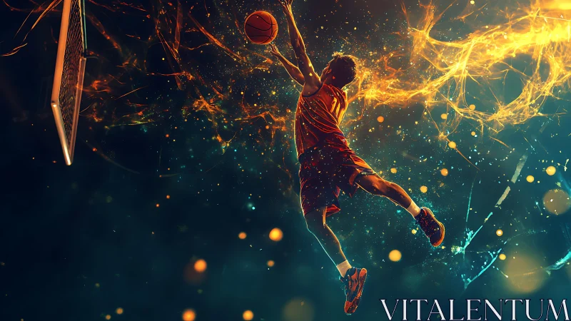 Basketball player executes midair dunk with abstract light trails