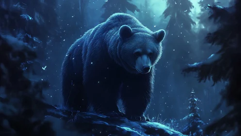 Massive brown bear traverses moonlit snowy conifer forest ridge