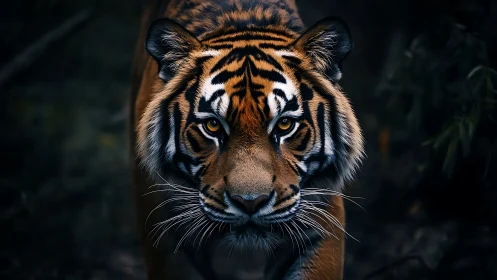 Quietly powerful tiger meeting your gaze in twilight forest.
