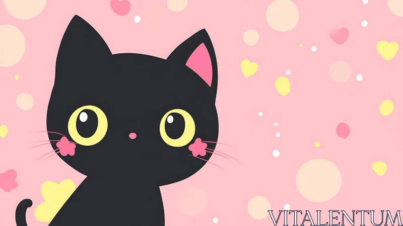 Black Cat with Yellow Eyes Among Decorative Heart and Circle Shapes