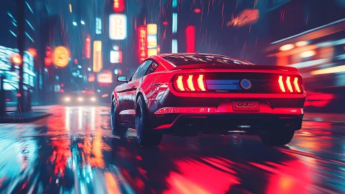 Neon-luminance sports coupe in wet urban motion study.