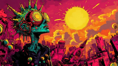 Cybernetic figure under oversized sun in neon dystopian skyline