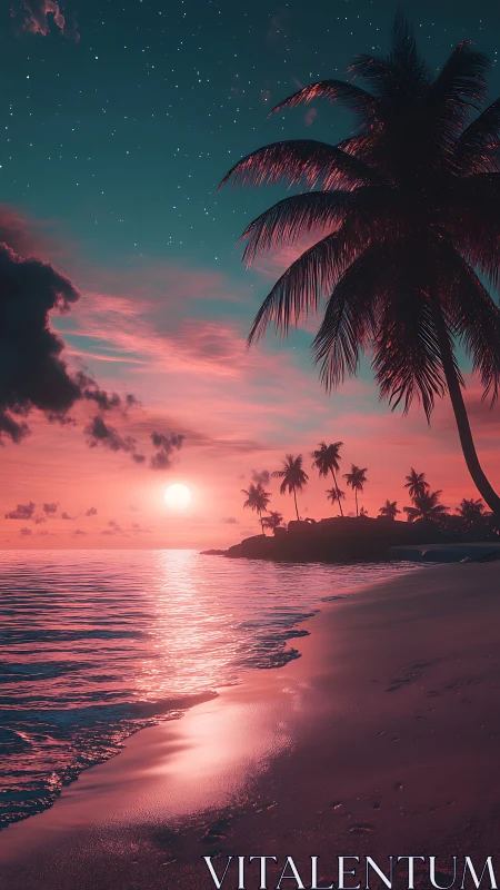 Neon-lit tropical shoreline under stylized sunset and starfield