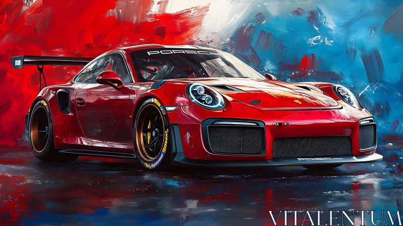 Red racing coupé is rendered against abstract tricolor field