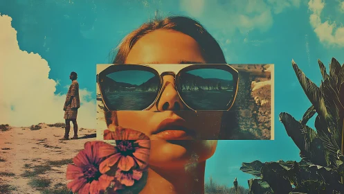 Surreal split-vision beach portrait layers reflective sunglasses