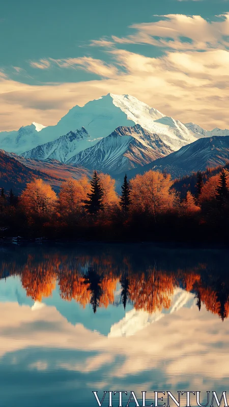 Snowy mountain peak rises above autumn forest reflection