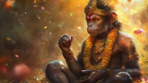 Simian deity portrait in ornate gold regalia, warm bokeh field