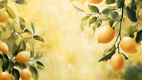 Lemon branches in diffuse bokeh light, botanical digital study.