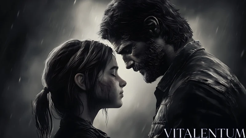 Two figures intimate moment rain silhouette emotional connection.