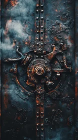 Rusty industrial vault door with gears and rising steam.