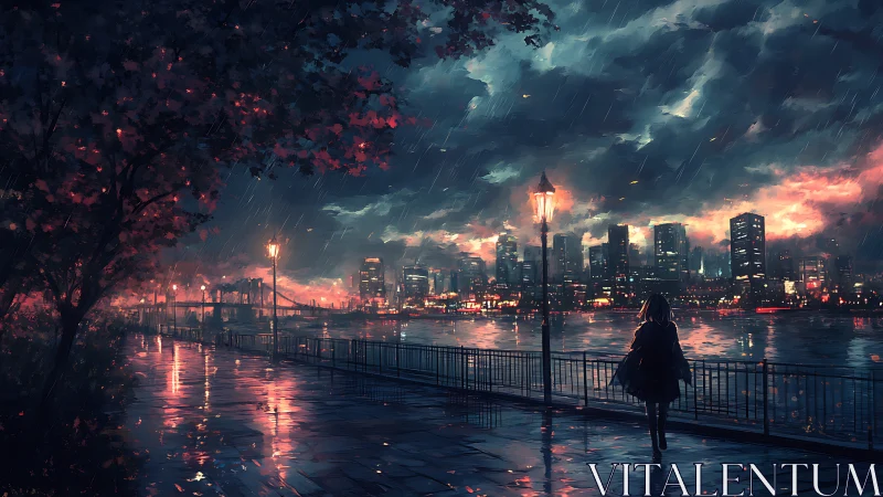 Solitary figure observes illuminated city skyline in rain