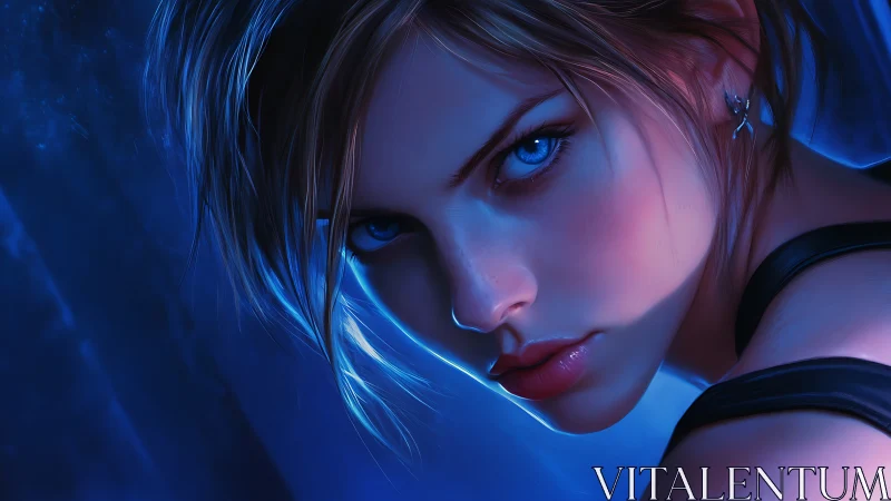 Icy gaze of cyber heroine in electric blue portrait lighting.
