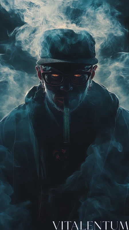 Smoldering urban specter framed in electric cyan smoke veil.